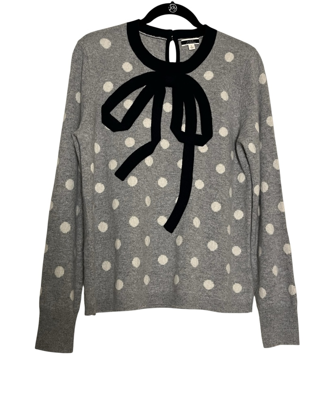 J.Crew 100% Cashmere Polka Dot Bow Sweater Gray Navy L Coquette - Picture 4 of 8